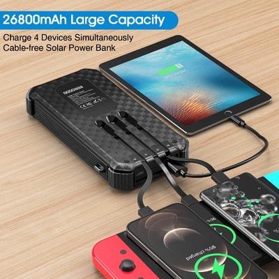 IPX5 Bộ sạc dự phòng năng lượng mặt trời di động chống thấm nước 26800mAh với 3 cáp tích hợp