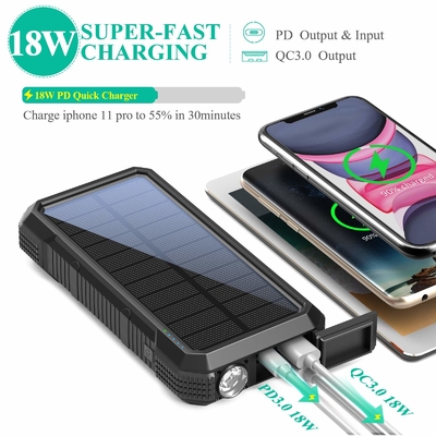 Bộ sạc dự phòng năng lượng mặt trời không dây di động 18W QC3.0 với 4 đầu ra