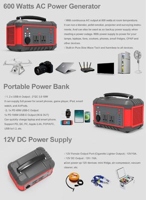 600W USB sạc nhanh Máy phát năng lượng mặt trời pin lithium di động Nhà máy điện AC DC