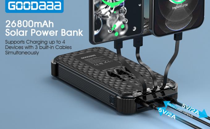 IPX5 Bộ sạc dự phòng năng lượng mặt trời di động chống thấm nước 26800mAh với 3 cáp tích hợp 0